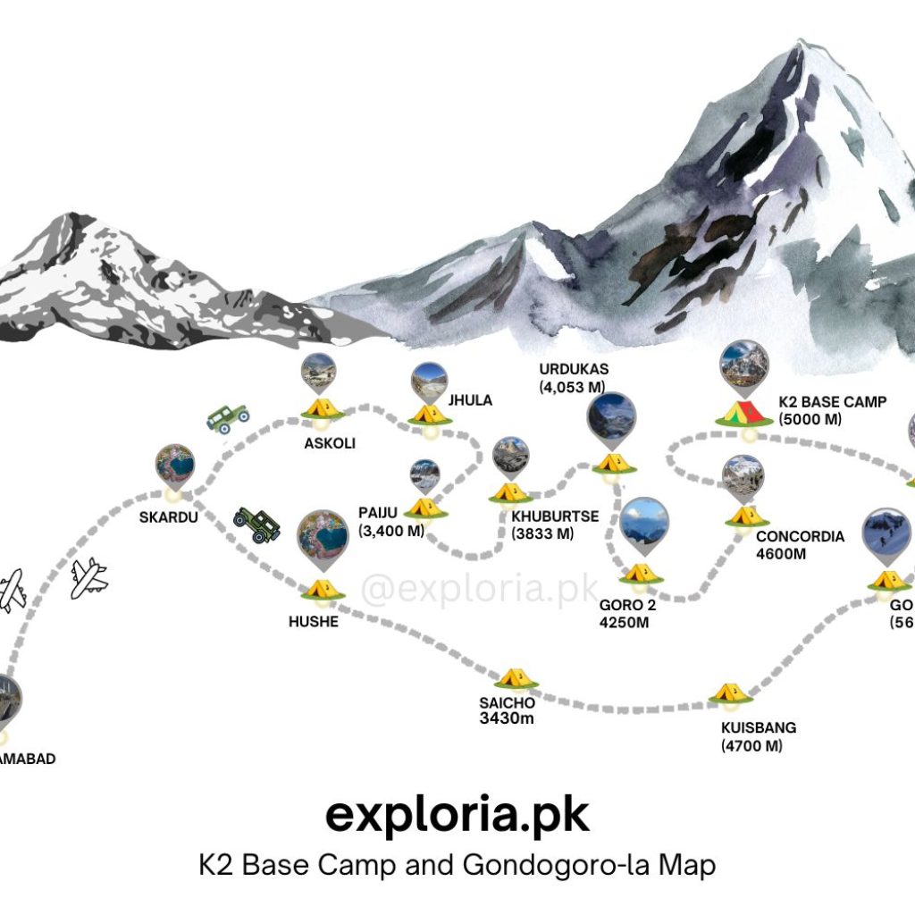 K2 Base Camp trek and Gondogoro La Map
